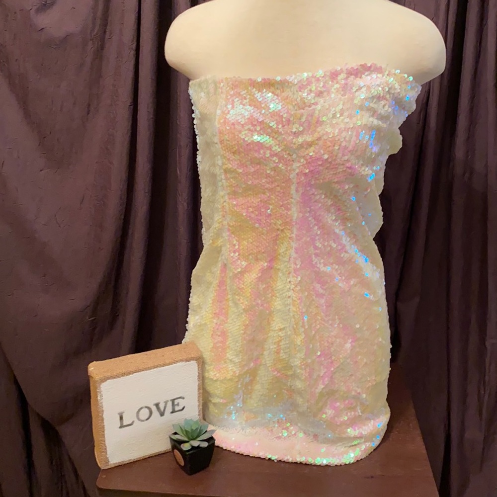 White sequined strapless mini dress